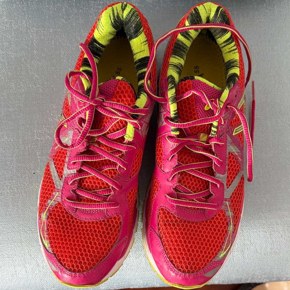 Asics Pink and Red Women's Athletic Running Shoes with Neon Yellow Accents